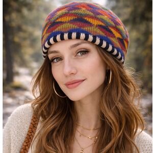 Maggie White Knit Beanie Hat OS Multi Color Wool Blend Coogi Style Boho Gypsy